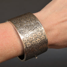 Load image into Gallery viewer, Antique Edwardian wide cuff with floral engraving in sterling silver