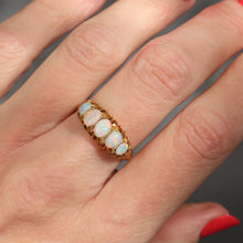Load image into Gallery viewer, Opal five stone ring. Antique opal ring. Antique opal five stone ring. Edwardian opal ring. Vintage opal five stone ring. Opal stacking ring. Opal stacking band. Antique opal stacking ring. Antique opal stacking band. Antique white opal ring.