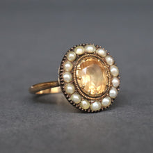 Load image into Gallery viewer, Antique Georgian brown topaz ring with pearl halo in 9ct gold