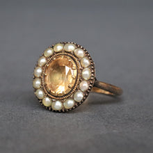 Load image into Gallery viewer, Antique Georgian brown topaz ring with pearl halo in 9ct gold