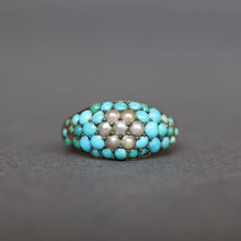Load image into Gallery viewer, Antique turquoise ring. Pave turquoise ring. Antique turquoise and pearl ring. Victorian turquoise and pearl ring. Victorian turquoise ring. Antique daisy ring. Cabochon turquoise ring. Turquoise pinkie ring. Turquoise cluster ring.