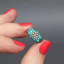 Load image into Gallery viewer, Antique turquoise ring. Pave turquoise ring. Antique turquoise and pearl ring. Victorian turquoise and pearl ring. Victorian turquoise ring. Antique daisy ring. Cabochon turquoise ring. Turquoise pinkie ring. Turquoise cluster ring.