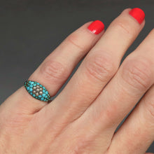 Load image into Gallery viewer, Antique turquoise ring. Pave turquoise ring. Antique turquoise and pearl ring. Victorian turquoise and pearl ring. Victorian turquoise ring. Antique daisy ring. Cabochon turquoise ring. Turquoise pinkie ring. Turquoise cluster ring.