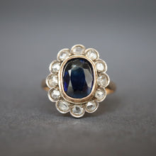 Load image into Gallery viewer, Antique sapphire ring. Antique cluster ring. Antique halo ring. Blue sapphire ring. Antique diamond halo ring. Antique diamond cluster ring.