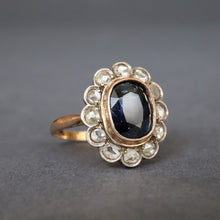 Load image into Gallery viewer, Antique blue sapphire (1.4ct) & diamond cluster ring in 20ct gold