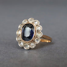 Load image into Gallery viewer, Antique blue sapphire (1.4ct) & diamond cluster ring in 20ct gold