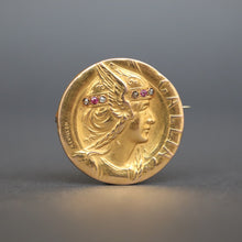 Load image into Gallery viewer, Antique French signed art nouveau era 'Gallia' brooch with diamonds & rubies in 18ct gold. Art nouveau brooch. Antique French brooch. Goddess Gallia. Revillon brooch. Signed brooch. Antique brooch gold diamonds rubies.