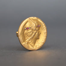 Load image into Gallery viewer, Antique French signed art nouveau era 'Gallia' brooch with diamonds & rubies in 18ct gold. Art nouveau brooch. Antique French brooch. Goddess Gallia. Revillon brooch. Signed brooch. Antique brooch gold diamonds rubies.