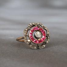 Load image into Gallery viewer, Antique ruby & diamond flower halo ring in 20ct gold