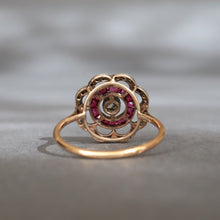 Load image into Gallery viewer, Antique ruby & diamond flower halo ring in 20ct gold