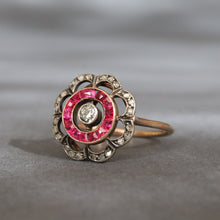 Load image into Gallery viewer, Antique ruby & diamond flower halo ring in 20ct gold