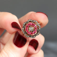 Load image into Gallery viewer, Antique ruby & diamond flower halo ring in 20ct gold