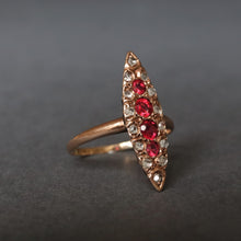 Load image into Gallery viewer, Vintage garnet doublet & diamond navette ring in 14ct gold