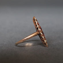 Load image into Gallery viewer, Vintage garnet doublet & diamond navette ring in 14ct gold
