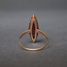 Load image into Gallery viewer, Vintage garnet doublet & diamond navette ring in 14ct gold