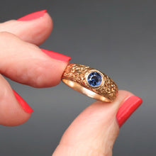 Load image into Gallery viewer, Stacking ring. Sapphire stacking ring. Engraved ring. Synthetic sapphire ring. Synthetic sapphire band. Antique stacking band. Engraved stacking band.