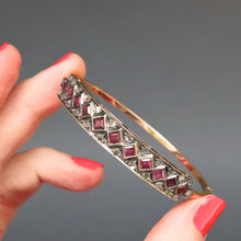 Load image into Gallery viewer, Antique ruby bangle. Antique diamond bangle. Antique ruby and diamond angle. Victorian ruby bangle. Victorian diamond bangle. Victorian ruby and diamond bangle. Checkerboard bangle. Checkerboard bracelet. Antique Edwardian bangle. Edwardian ruby bangle. Edwardian diamond bangle. Edwardian ruby and diamond bangle. Antique ruby and diamond bracelet. Antique ruby bracelet. Antique diamond bracelet.