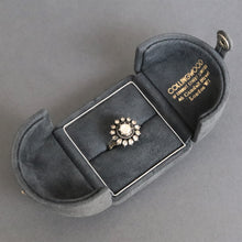 Load image into Gallery viewer, Vintage ring box. Vintage suede ring box. Vintage grey ring box. Vintage gray ring box. Suede ring box. Grey suede ring box. Gray suede ring box. Double door ring box. Double sided ring box. Vintage English ring box.