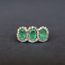 Load image into Gallery viewer, antique edwardian emerald diamond trilogy ring gold 9k 9ct three stone halo cluster vintage jewelry jewellery