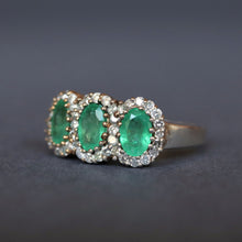 Load image into Gallery viewer, Antique Edwardian era emerald & diamond trilogy ring in 9ct gold