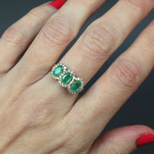 Load image into Gallery viewer, antique edwardian emerald diamond trilogy ring gold 9k 9ct three stone halo cluster vintage jewelry jewellery