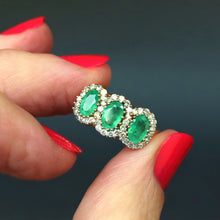 Load image into Gallery viewer, antique edwardian emerald diamond trilogy ring gold 9k 9ct three stone halo cluster vintage jewelry jewellery
