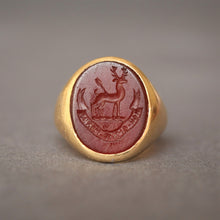 Load image into Gallery viewer, Vintage carnelian intaglio ring carved with a buck in 18ct gold