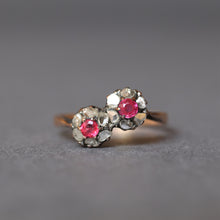 Load image into Gallery viewer, Antique toi et moi ring. Antique cluster ring. Antique diamond and ruby ring. Antique double cluster ring. Antique flower ring. Antique daisy ring. Toi et moi ring. Edwardian toi et moi ring. Antique bypass ring. Diamond and ruby ring.
