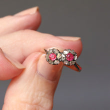 Load image into Gallery viewer, Antique toi et moi ring. Antique cluster ring. Antique diamond and ruby ring. Antique double cluster ring. Antique flower ring. Antique daisy ring. Toi et moi ring. Edwardian toi et moi ring. Antique bypass ring. Diamond and ruby ring.