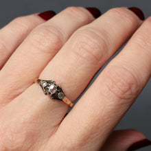 Load image into Gallery viewer, Antique 1920s trilogy ring 18k 18ct gold trilogy three stone jewellery jewelry. Antique three stone ring. Antique trilogy ring. Diamond trilogy ring. Antique engagement ring. Antique anniversary ring. Rose cut diamond ring. Rose cut diamond trilogy ring.