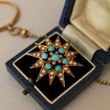 Load image into Gallery viewer, antique Victorian turquoise pearl converter pendant star starburst 15ct 15k gold pin brooch vintage jewelry jewellery