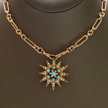 Load image into Gallery viewer, antique Victorian turquoise pearl converter pendant star starburst 15ct 15k gold pin brooch vintage jewelry jewellery