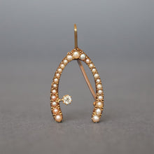 Load image into Gallery viewer, Antique Victorian diamond wishbone brooch. Antique wishbone brooch. Wishbone brooch. Victorian wishbone brooch. Antique wishbone pin. Pearl wishbone pin. Pearl wishbone brooch. Diamond wishbone brooch. Diamond wishbone pin. Lucky brooch. Lucky pin. Antique lucy wishbone. Antique good luck charm. Good luck charm.