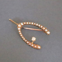 Load image into Gallery viewer, Antique Victorian era diamond & pearl wishbone brooch in 15ct gold
