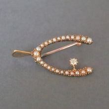 Load image into Gallery viewer, Antique Victorian era diamond & pearl wishbone brooch in 15ct gold