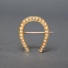 Load image into Gallery viewer, Antique Victorian diamond horseshoe brooch. Antique horseshoe brooch. Horseshoe brooch. Victorian horseshoe brooch. Antique horseshoe pin. Pearl horseshoe pin. Pearl horseshoe brooch. Lucky brooch. Lucky pin. Antique lucky horseshoe. Antique good luck charm. Good luck charm.