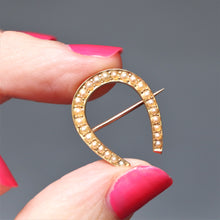 Load image into Gallery viewer, Antique Victorian diamond horseshoe brooch. Antique horseshoe brooch. Horseshoe brooch. Victorian horseshoe brooch. Antique horseshoe pin. Pearl horseshoe pin. Pearl horseshoe brooch. Lucky brooch. Lucky pin. Antique lucky horseshoe. Antique good luck charm. Good luck charm.