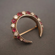 Load image into Gallery viewer, Antique Edwardian diamond & ruby crescent brooch in 8ct gold