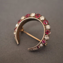 Load image into Gallery viewer, Antique Edwardian diamond & ruby crescent brooch in 8ct gold