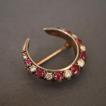 Load image into Gallery viewer, Antique Edwardian diamond & ruby crescent brooch in 8ct gold