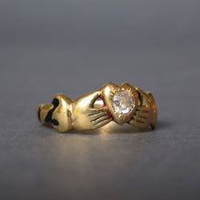 Load image into Gallery viewer, Antique Victorian claddagh ring with diamond (0.15ct) in 18ct gold