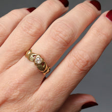 Load image into Gallery viewer, Antique claddagh ring. Antique fede ring. Diamond claddagh ring. Diamond fede ring. Antique diamond claddagh ring. Antique diamond fede ring. Enamel fede ring. Enamel claddagh ring. Black enamel fede ring. Black enamel claddagh ring. Antique diamond engagement ring.
