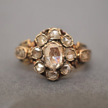 Load image into Gallery viewer, antique Georgian diamond halo cluster ring 18ct 18k gold flower head enamel vintage jewelry jewellery foiled foil back rose cut