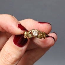 Load image into Gallery viewer, Antique claddagh ring. Antique fede ring. Diamond claddagh ring. Diamond fede ring. Antique diamond claddagh ring. Antique diamond fede ring. Enamel fede ring. Enamel claddagh ring. Black enamel fede ring. Black enamel claddagh ring. Antique diamond engagement ring.
