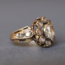 Load image into Gallery viewer, Antique Georgian era diamond (0.8ct) halo ring in 18ct gold