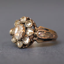Load image into Gallery viewer, Antique Georgian era diamond (0.8ct) halo ring in 18ct gold