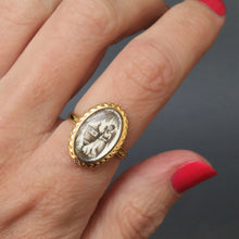 Load image into Gallery viewer, Antique mourning ring. Georgian mourning ring. Sepia ring. Antique angel ring. EG ring. Antique urn ring. En grisaille ring. Sepia miniature ring. Enamel ring. Black enamel ring. Antique enamel ring.
