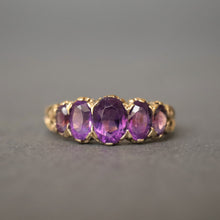 Load image into Gallery viewer, Antique half hoop ring. Vintage half hoop ring. Amethyst half hoop ring. Antique five stone ring. Vintage five stone ring. Amethyst five stone ring. Amethyst stacking ring.