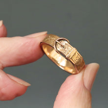 Load image into Gallery viewer, Antique stacking band. Antique Victorian ring. Antique stacking ring. Antique Victorian band. Antique buckle ring. Antique buckle band. Secret compartment ring. Hidden compartment ring. Secret compartment band. Hidden compartment band. Hairwork ring.