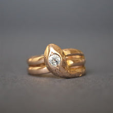 Load image into Gallery viewer, Antique snake ring. Antique snake band. Wide snake ring. Coiled snake ring. Antique serpent ring. Antique serpent band. Antique diamond snake ring. Diamond snake ring. Scaled snake ring. Engraved snake ring. Snake ring with scales.
